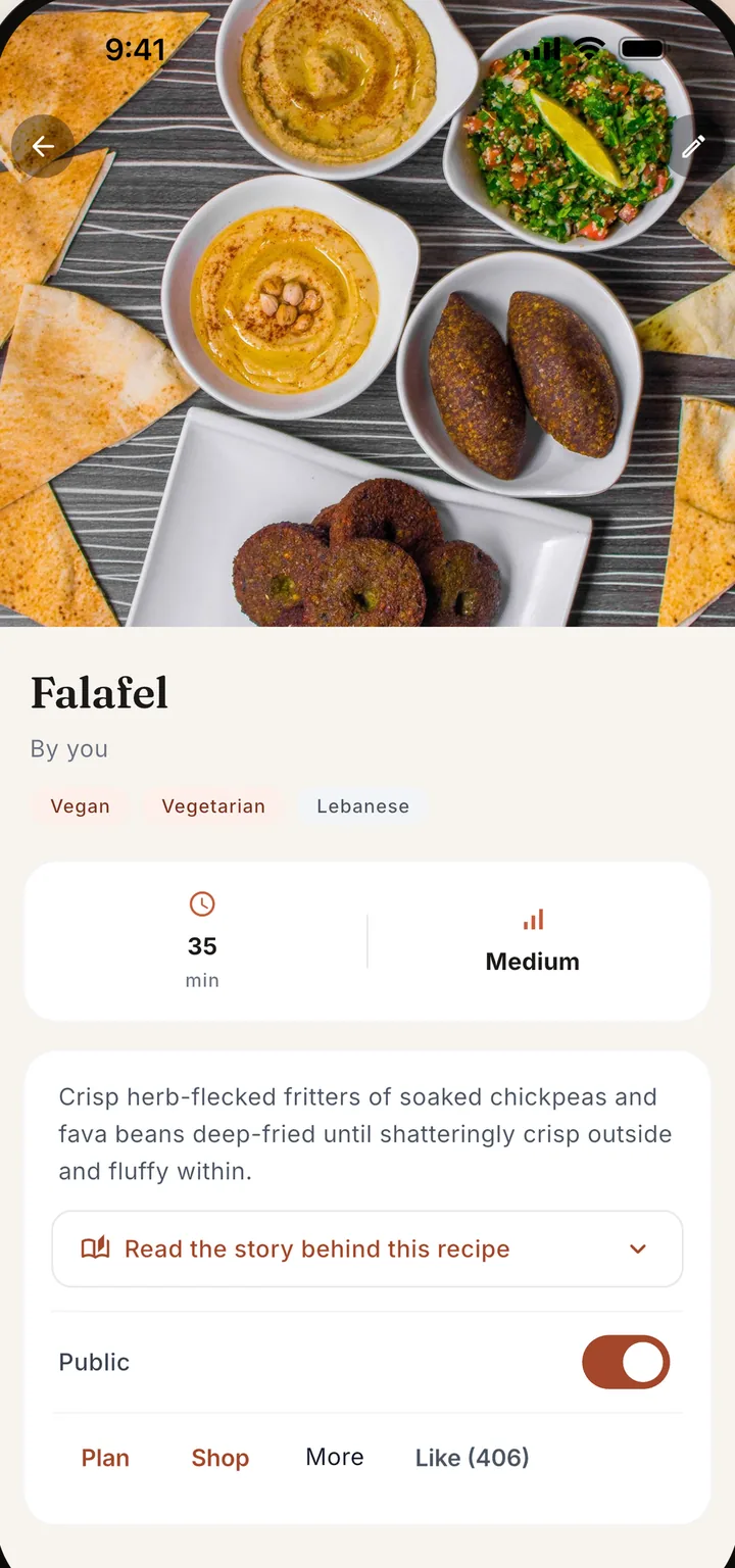 Pişirme süresi, zorluk, beslenme etiketleri ve açıklamasıyla falafel için bir Chefless tarif sayfası