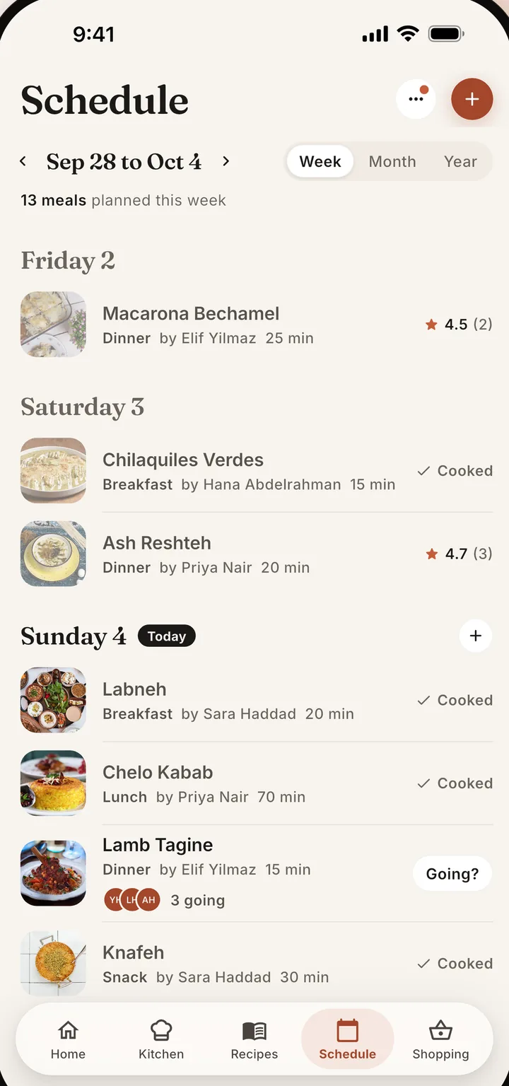La pestaña Agenda de Chefless con una semana de comidas agrupadas por día, las comidas cocinadas marcadas, el domingo marcado como Hoy y un botón ¿Vas? en la cena de esta noche